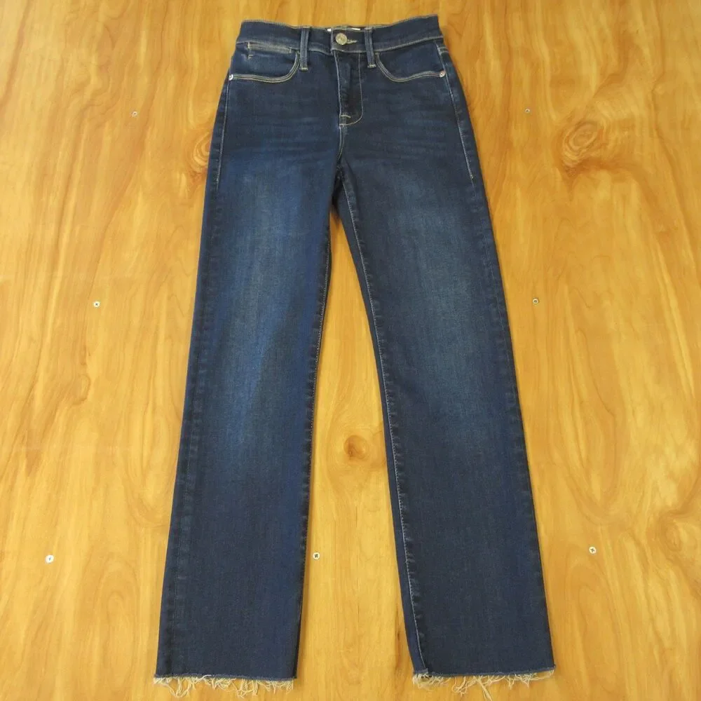 FRAME Le High Rise‎ Straight Leg Jeans Size 25 Sanctuary Dark Blue Denim Raw Hem